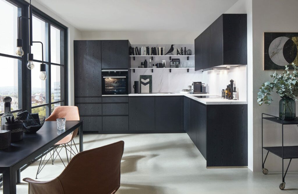 Nobilia Dark Wood L Shaped Handleless Kitchen 2021 2 | Kitchen Warehouse Winchester