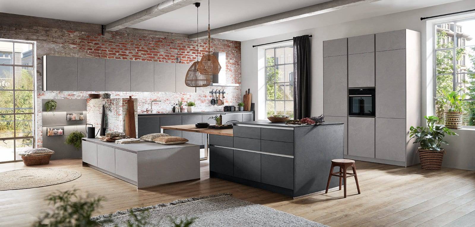 Nobilia Modern Concrete Handleless Open Plan Kitchen With Island 2021 | Lead Wolf, Peterborough
