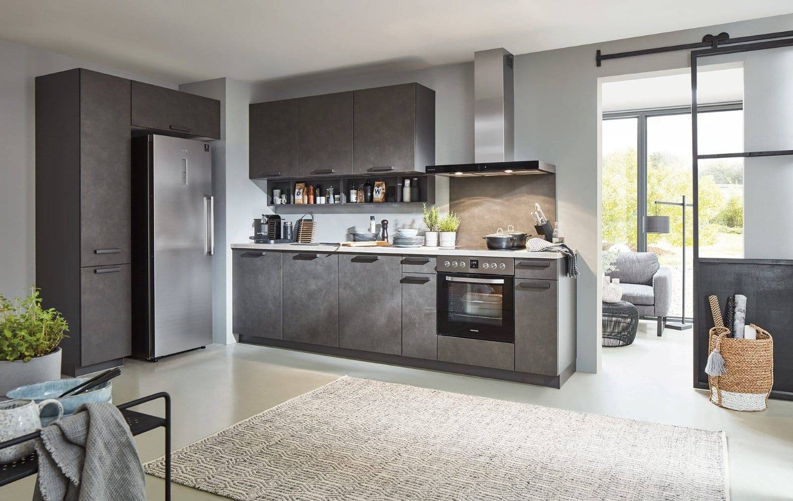Nobilia Modern Concrete Open Plan L Shaped Kitchen 2021 | MAS Kuchen, Reading
