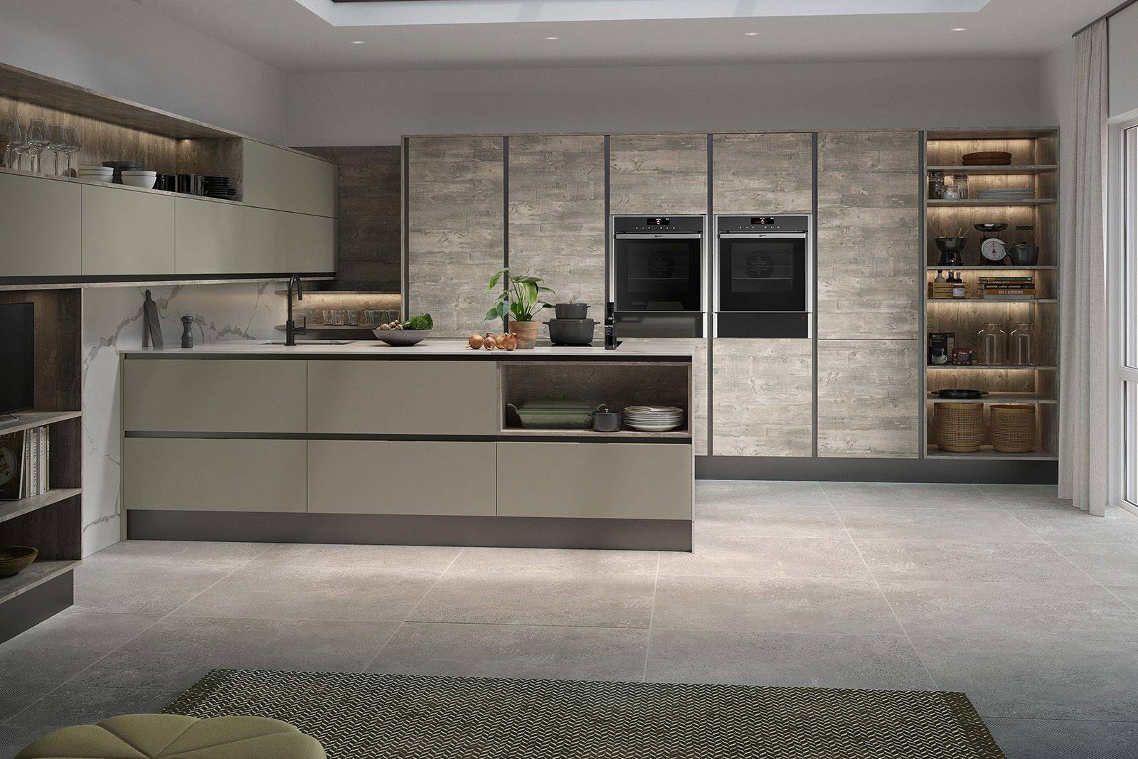 Inset Setosa Sage Grey And Woodgrain Atrium Grey | Net Kitchens, Walthamstow
