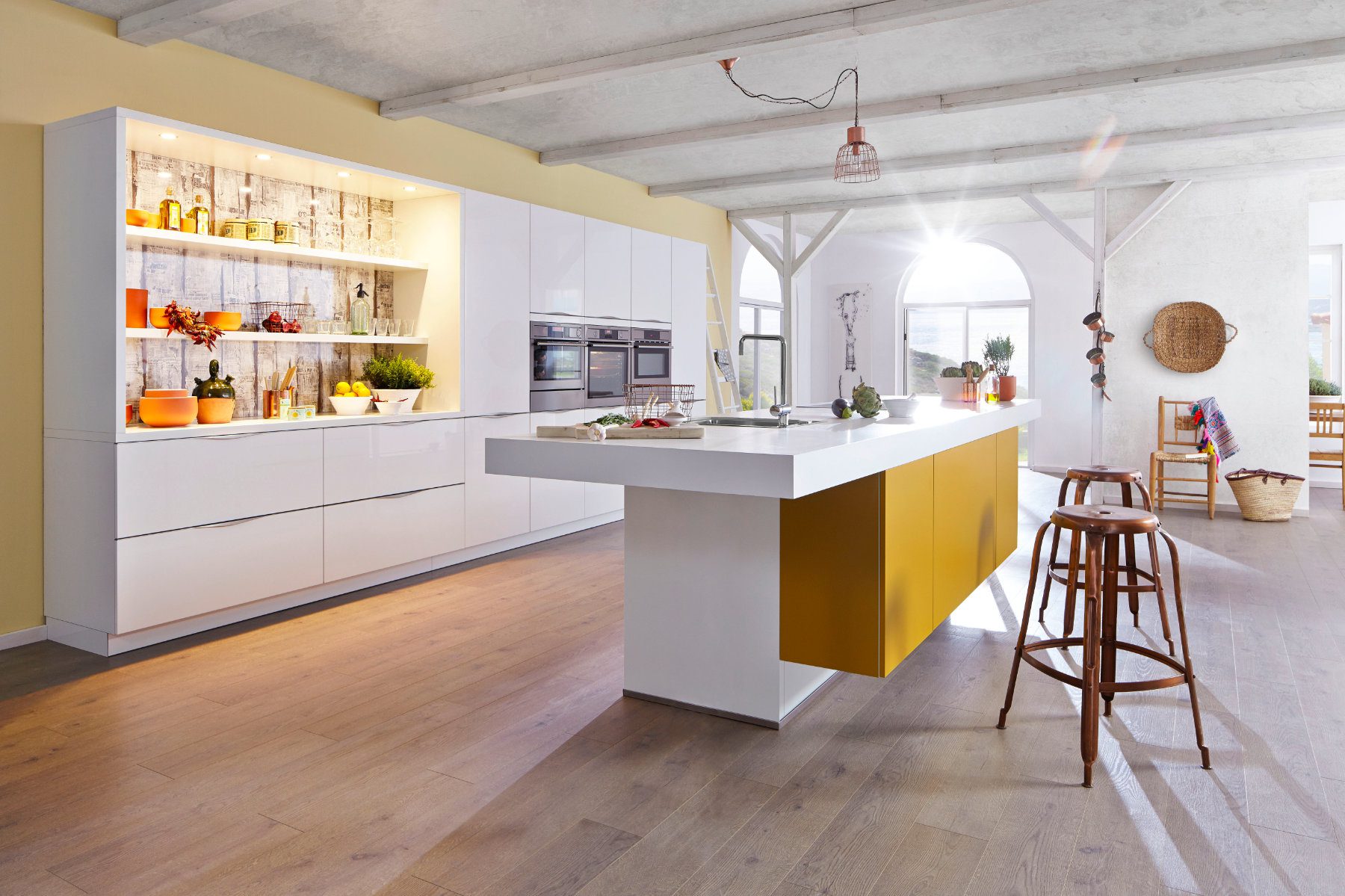 Bauformat White Gloss Mustard Open Plan Kitchen With Island 1 | Torben Schmid Kitchens, Truro