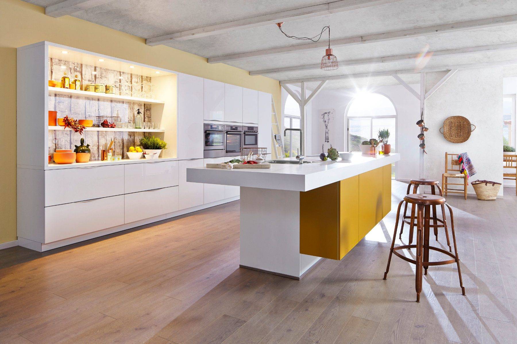 Bauformat White Gloss Mustard Open Plan Kitchen With Island | Torben Schmid Kitchens, Truro