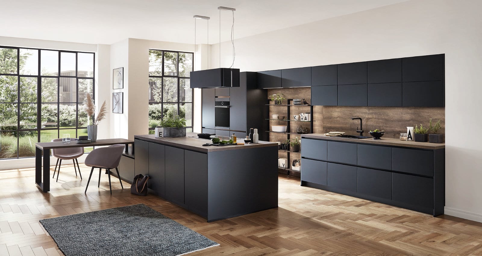 Nobilia Matt Black Wood Handleless Open Plan Kitchen 2021 1 | Kutchenhaus, Sevenoaks