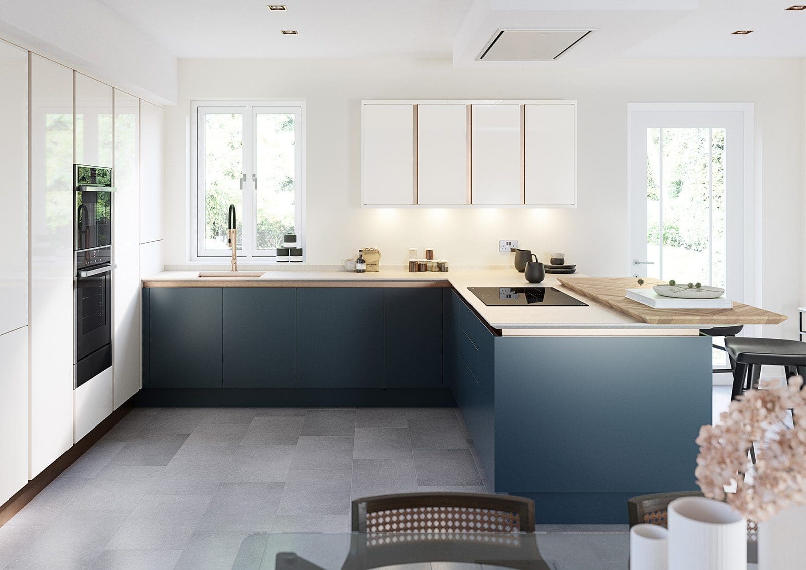 Second Nature Blue Matt Whte Gloss U Shaped Kitchen | John Willox Kitchen Design, Ellon