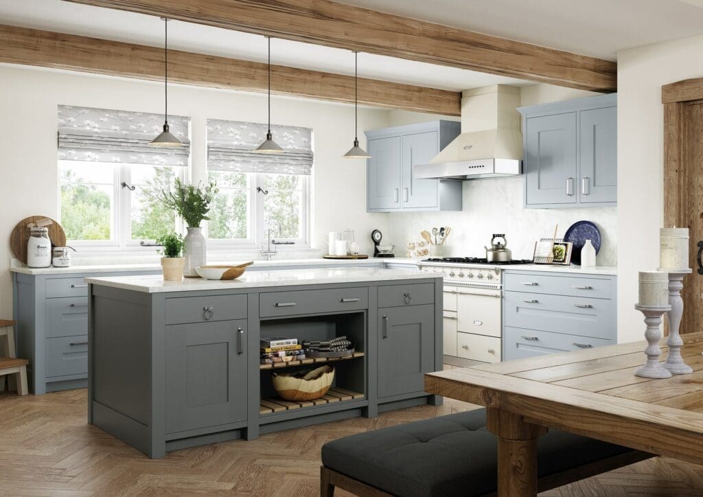 Clonmel Pantry Blue And Gun Metal Grey Shaker L Shaped Kitchen With Island 2 | Colourhill, Beeston