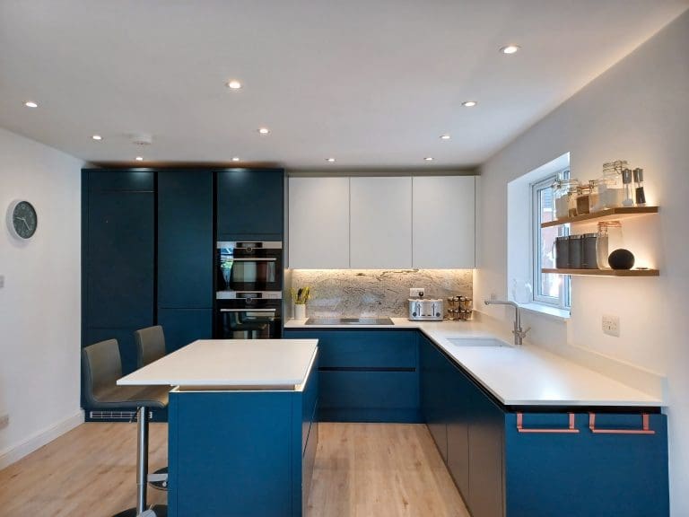 Blue, White & Bronze Handleless Kitchen, Nottingham