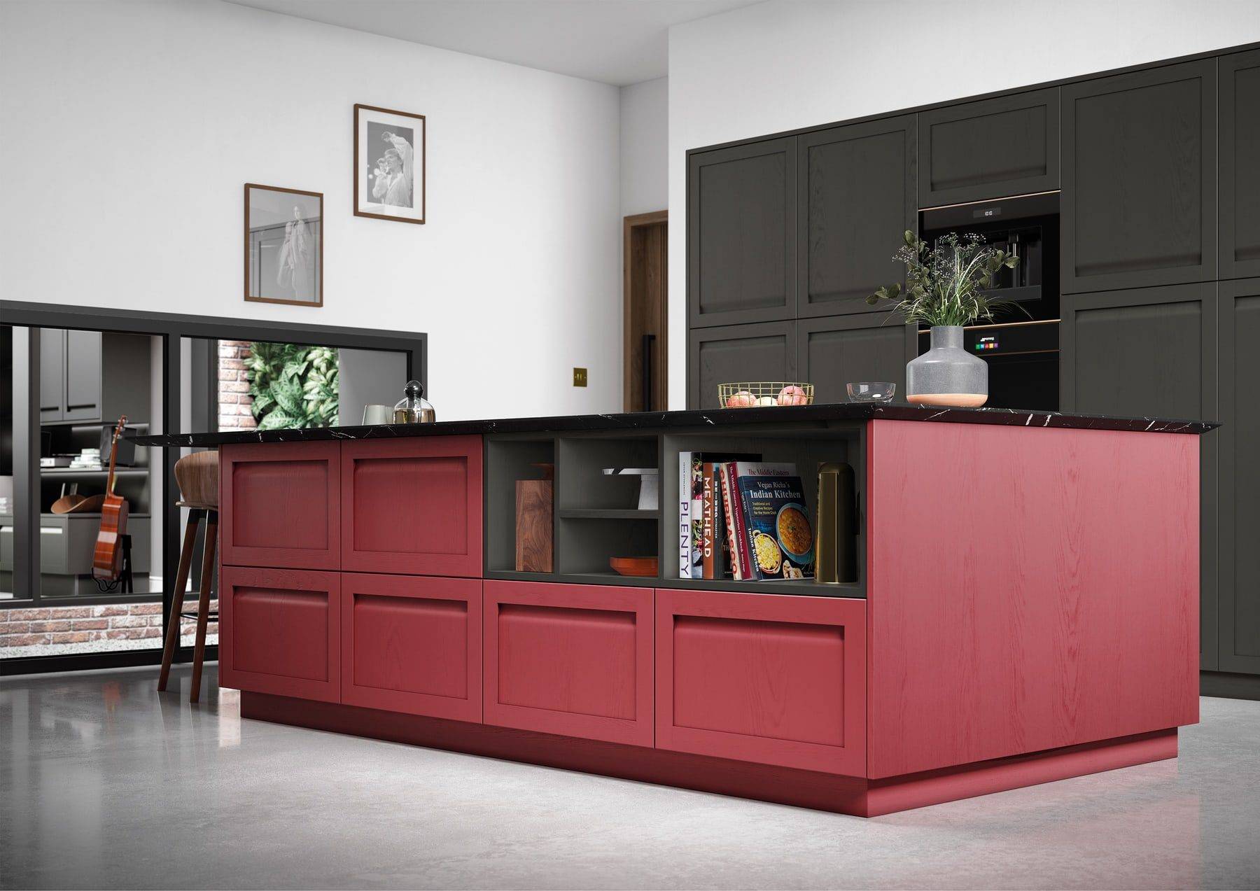 Harborne Graphite And Cms Chicory Red Kitchen With Island | Colourhill, Mansfield