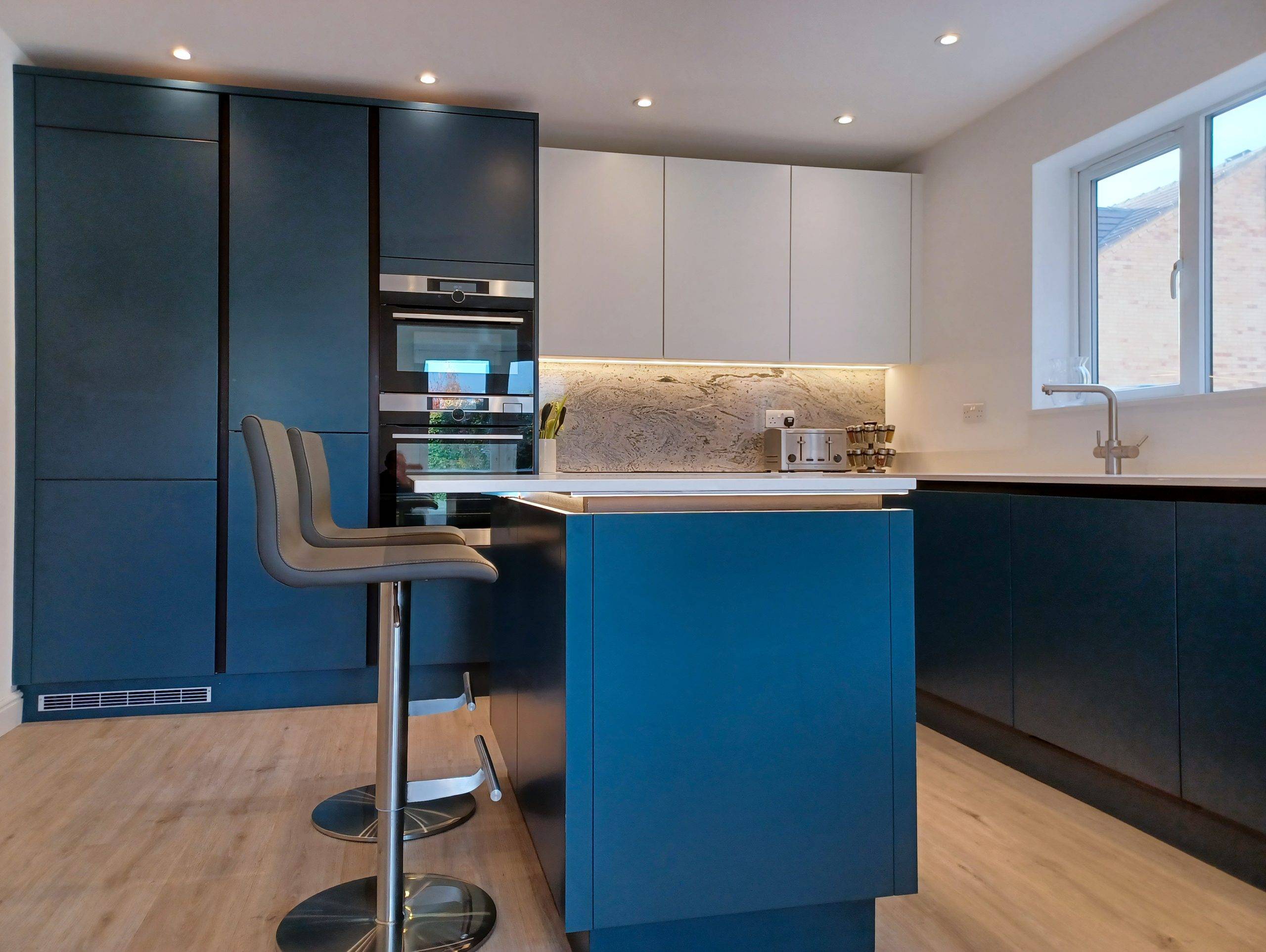 Blue White Bronze Handleless Kitchen Transformation 2 | Colourhill, Beeston
