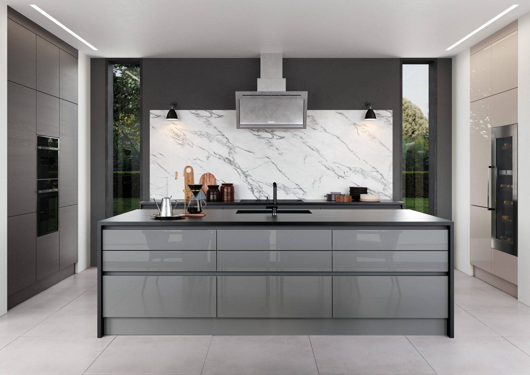 Zola Gloss Dust Grey And Tavola Carbon Kitchen With Island | Colourhill, Mansfield