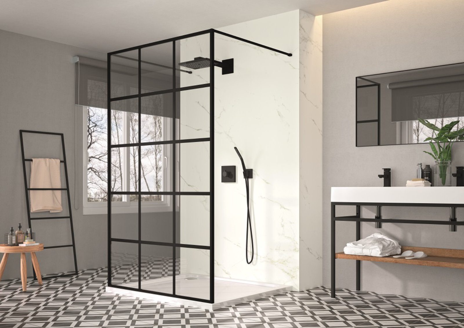 Merlyn Black Squared Double Entry Shower Panel Lr | Cambridgeshire Bathrooms, Cambridge