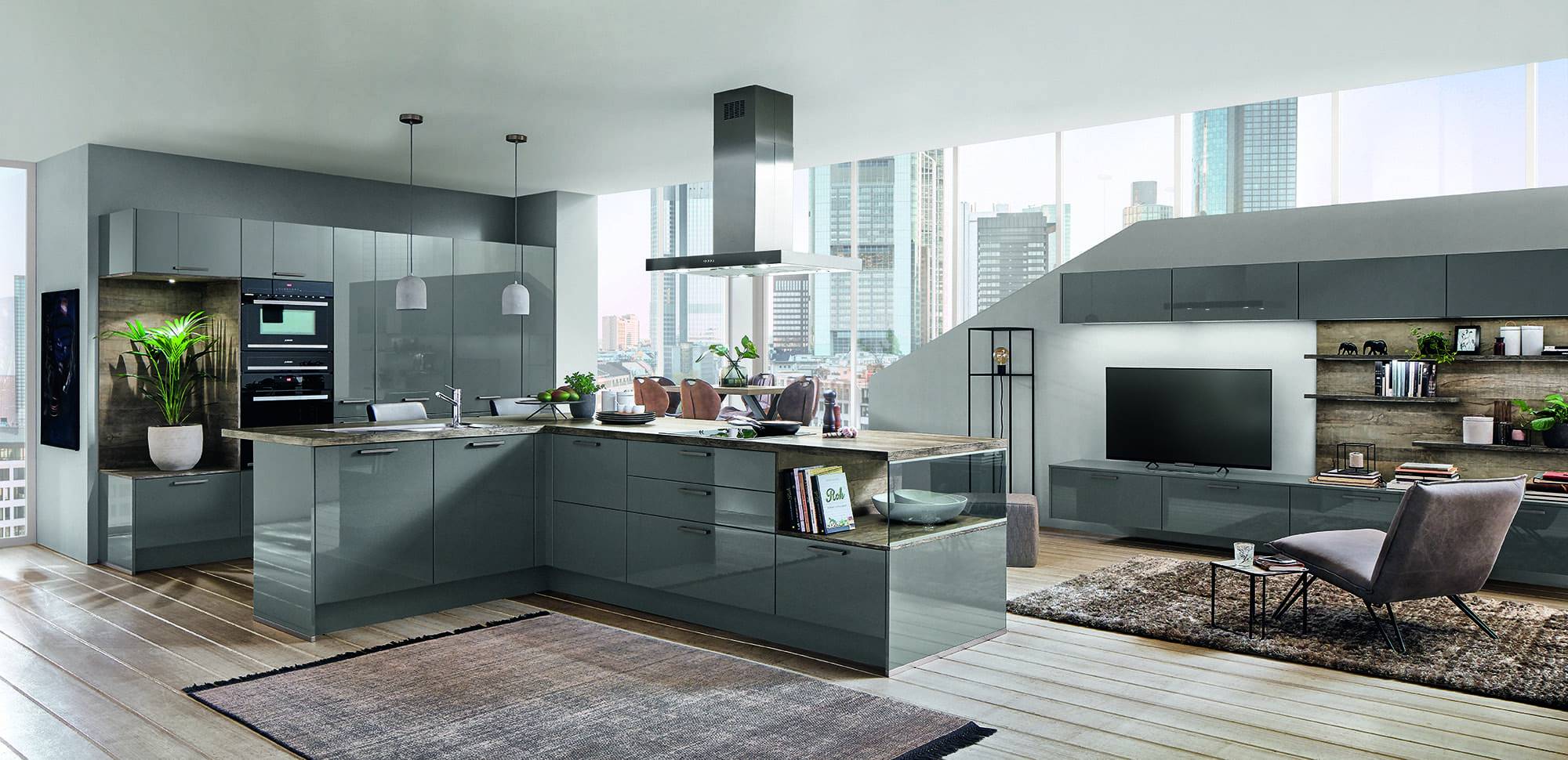 Nobilia Modern Grey Gloss Open Plan Kitchen With Island 2021 1 | Alon Interiors, Kent