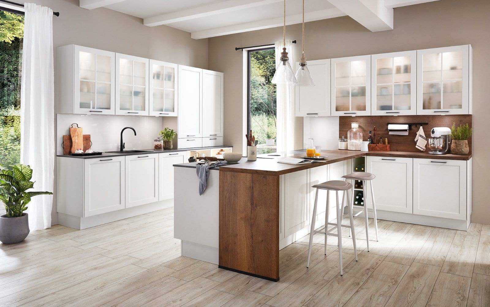 Nobilia Matt White Wood Shaker Open Plan L Shaped Kitchen With Island 2021 1 | Alon Interiors, Kent