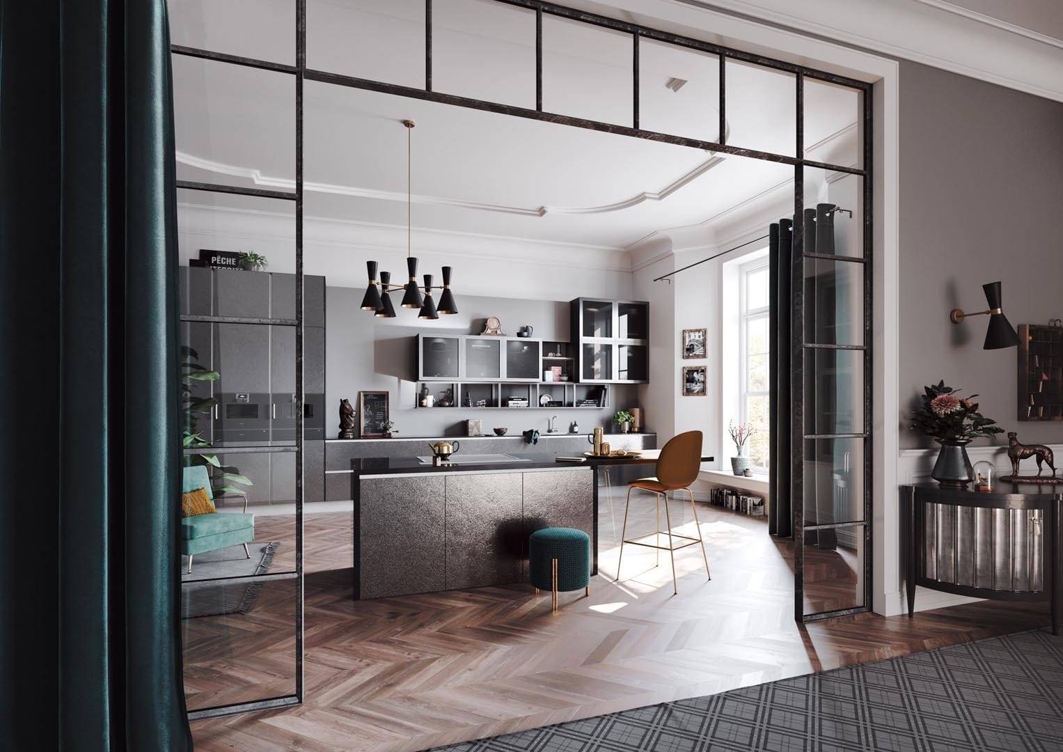Grey Gloss Kitchen With Metallic Island 1 | Alon Interiors, Kent