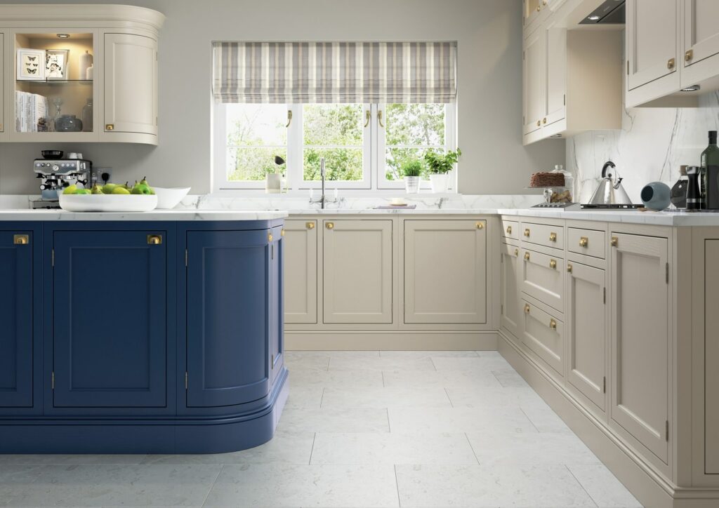 Belgravia Parisian Blue And Stone In Frame L Shaped Kitchen 1 | Colourhill, Chesterfield