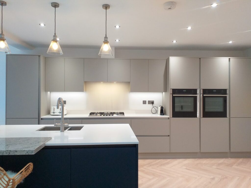 Simple Effective Pebble Grey Kitchen With Contrasting Indigo Blue Island 2 1 | Colourhill, Chesterfield