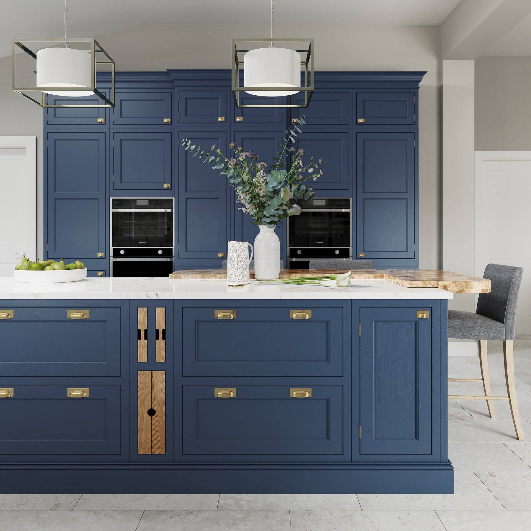 Belgravia Parisian Blue And Stone In Frame Kitchen With Island | Colourhill, Mansfield