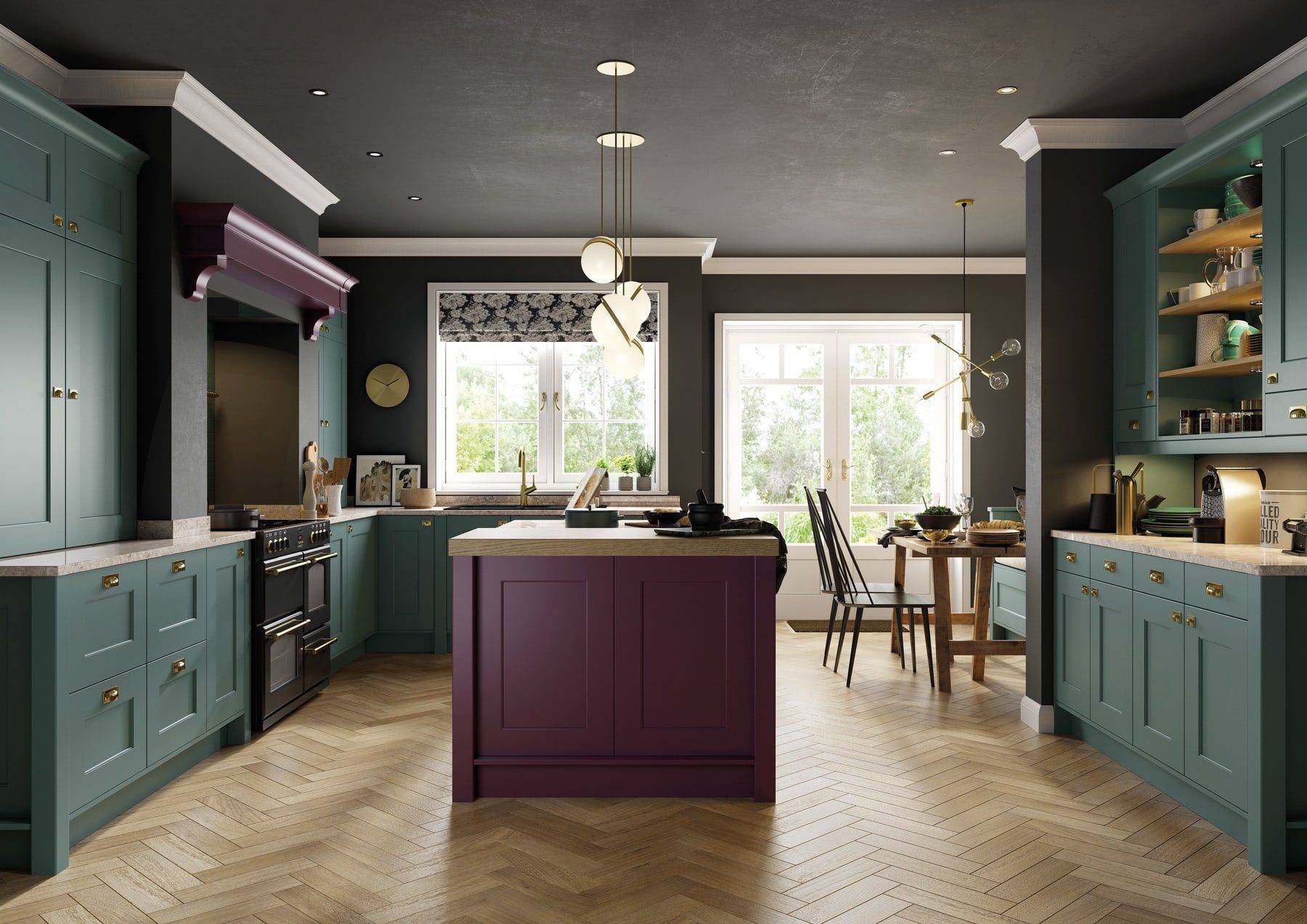 Florence Deep Heather And Viridian Shaker Open Plan Kitchen With Island | Colourhill, Mansfield