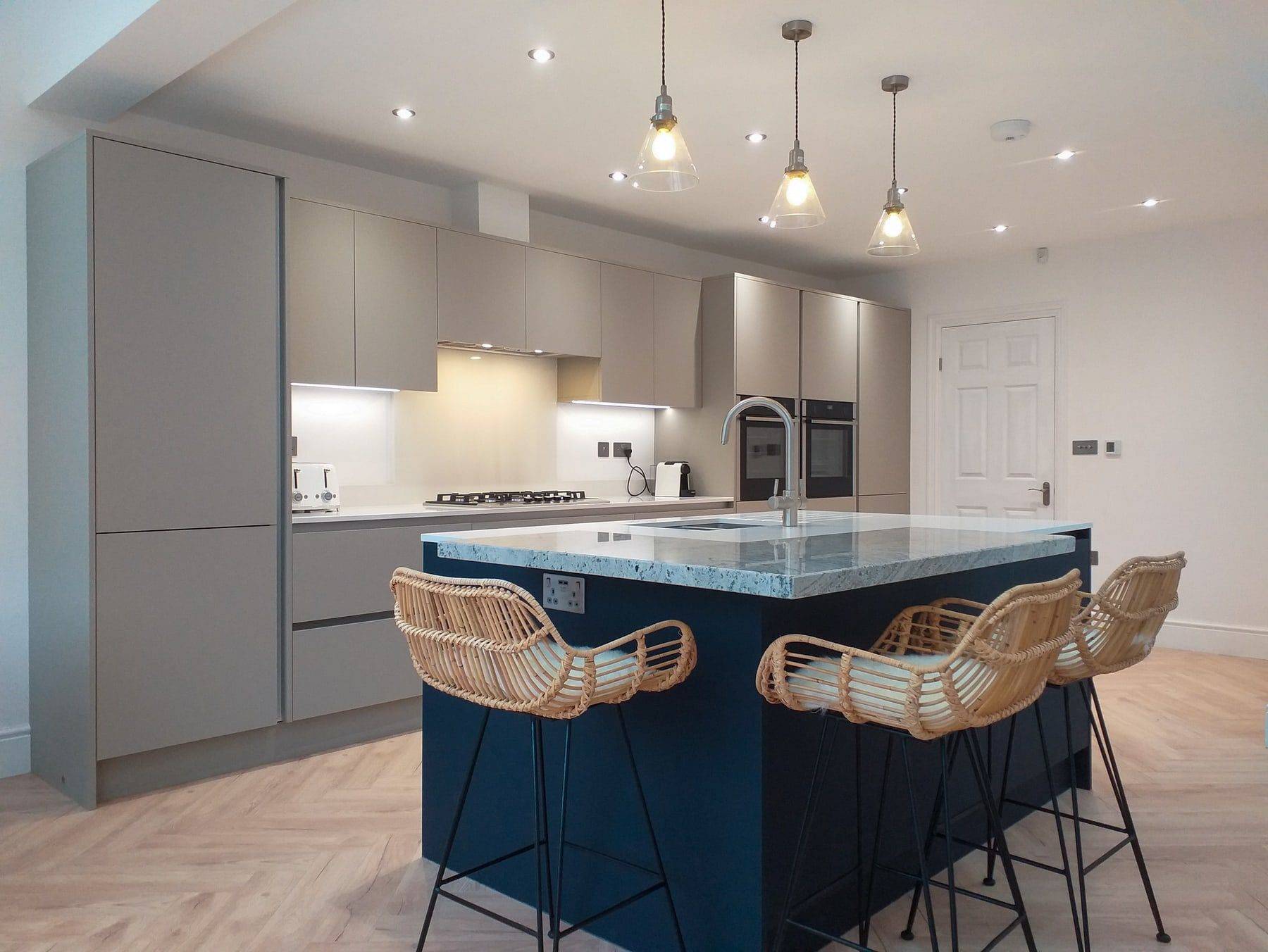 Simple Effective Pebble Grey Kitchen With Contrasting Indigo Blue Island 1 | Colourhill, Mansfield