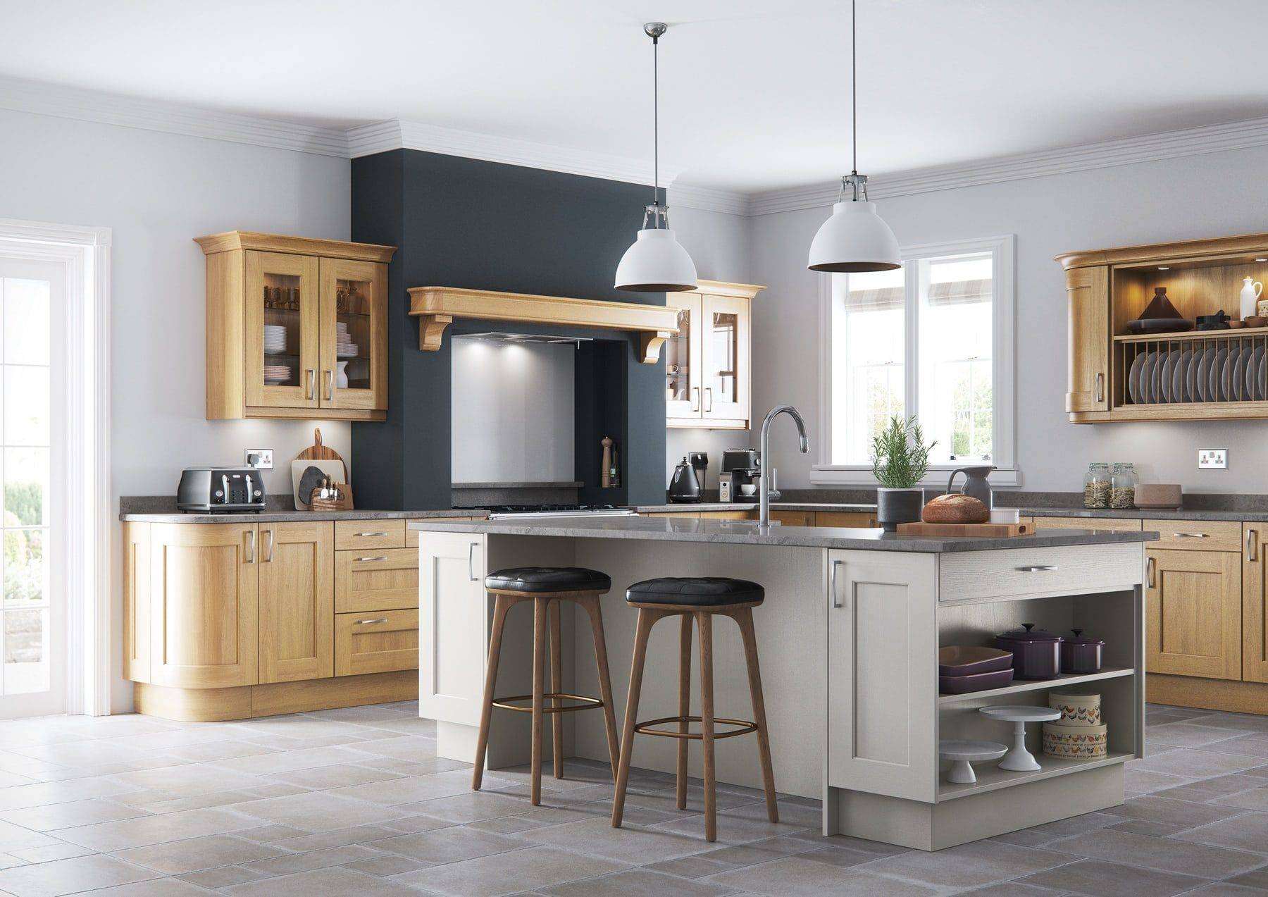 Wakefield Light Oak And Stone Shaker Kitchen With Island | Colourhill, Mansfield