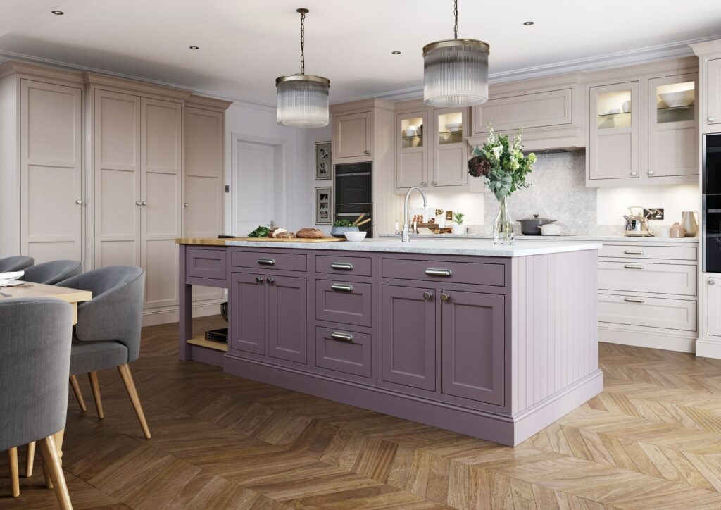Belgravia Lavendar Gray And Cashmere In Frame Shaker Kitchen With Island 1 | Colourhill, Mansfield
