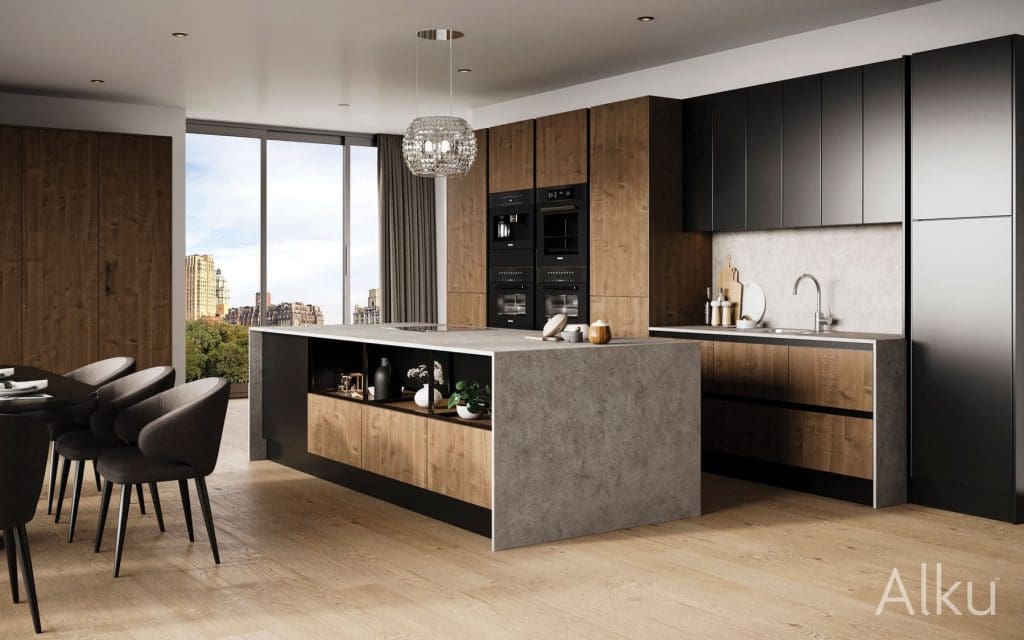 Alku Dark Open Plan Kitchen | Rowe Fitted Interiors, Hoylake