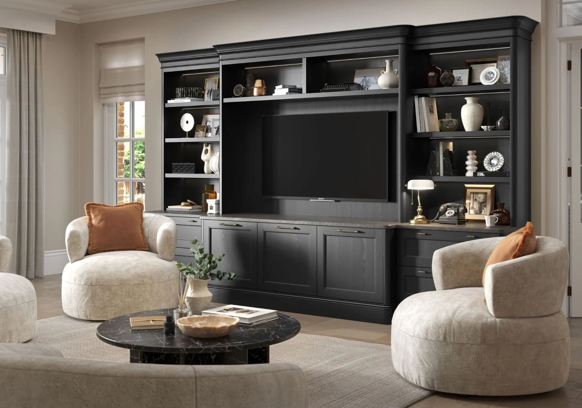 Lawrenson Cannon Black Classic Traditional Entertainment Unit Stori | Rowe Fitted Interiors