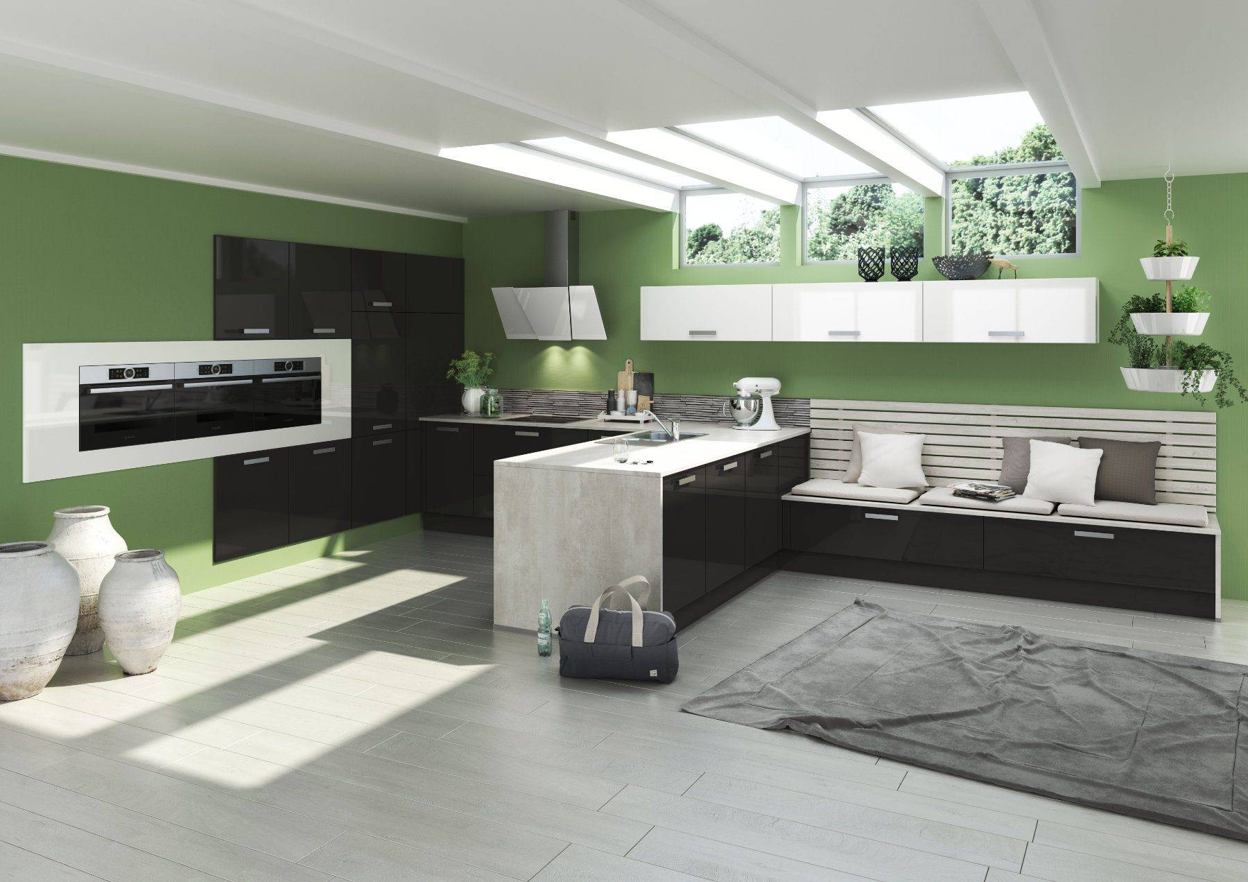 Bauformat Monochrome Gloss Kitchen With Lime Green Wall 2 | Rowe Fitted Interiors, Hoylake