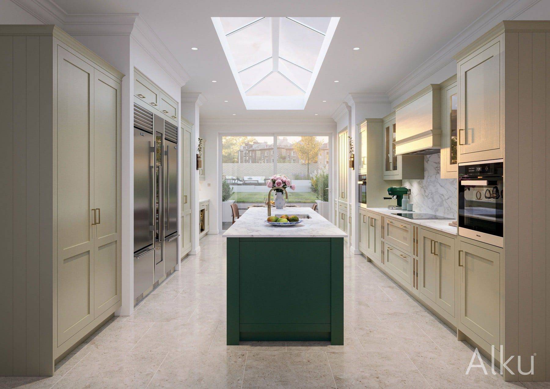 Alku Light Shaker Kitchen With Green Island2 1 | Rowe Fitted Interiors, Hoylake