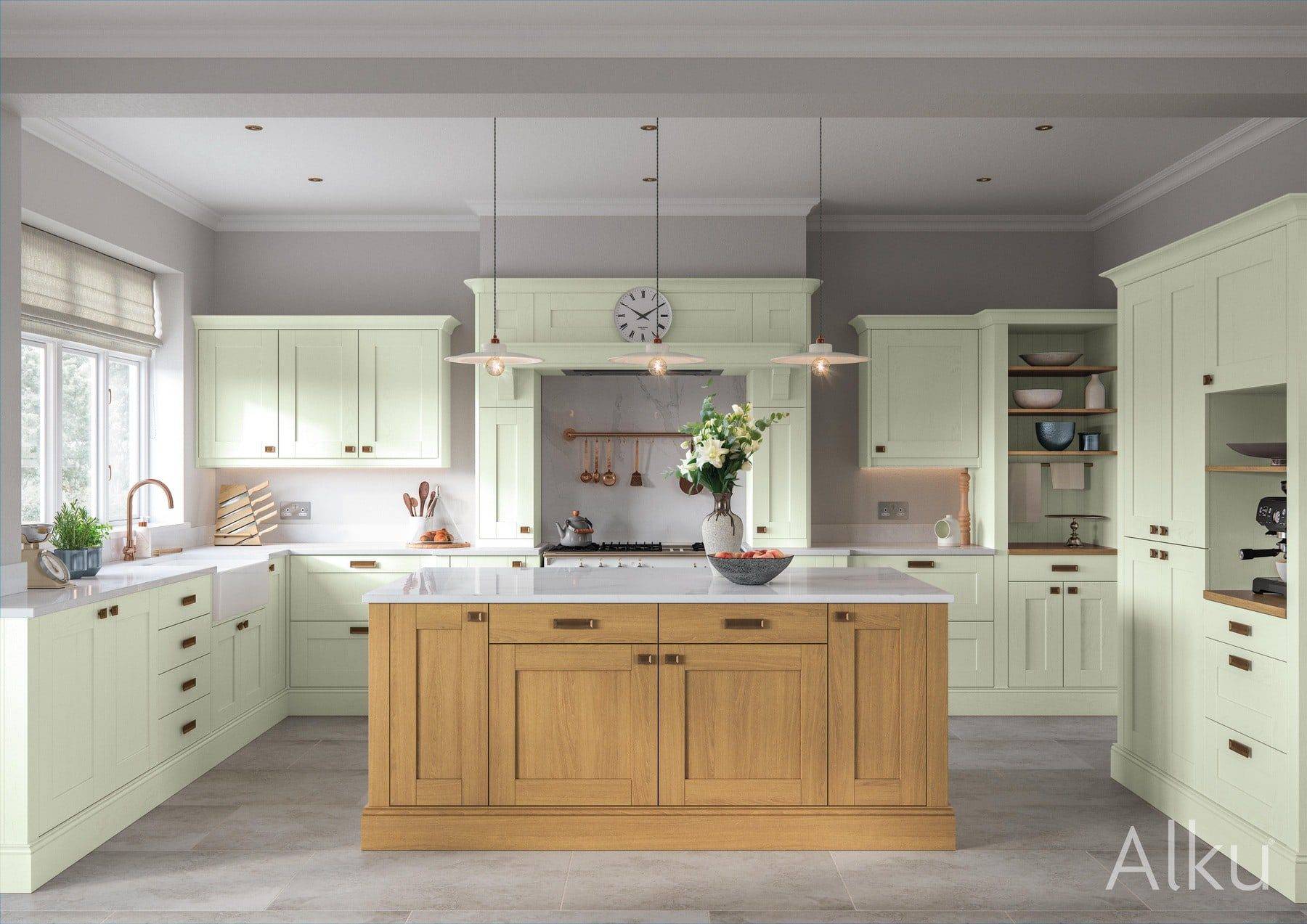 AlkuPastelGreenKitchenwithWoodenIsland1 | Rowe Fitted Interiors