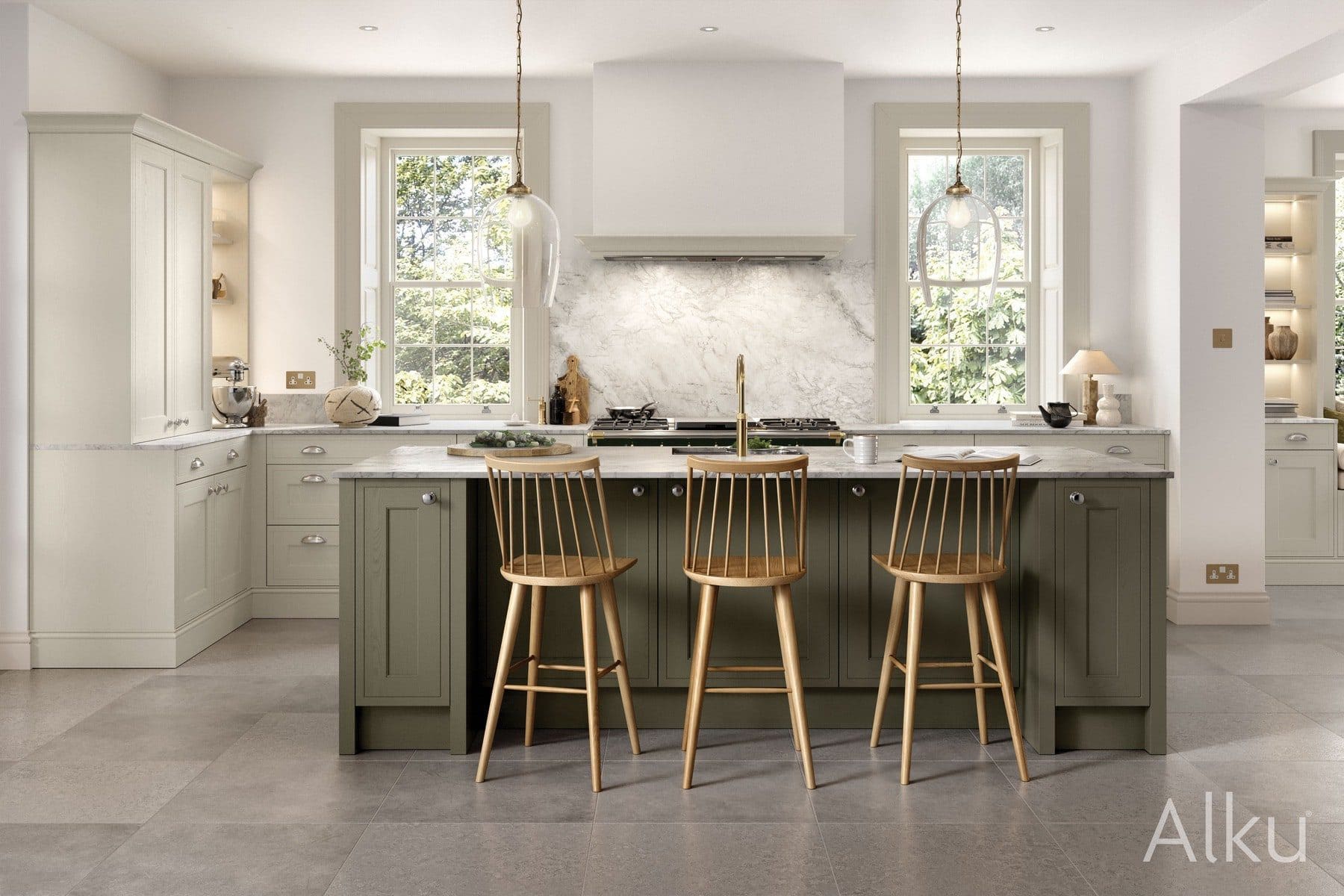 Alku Light In Frame Kitchen with Sage Island 2 | Rowe Fitted Interiors