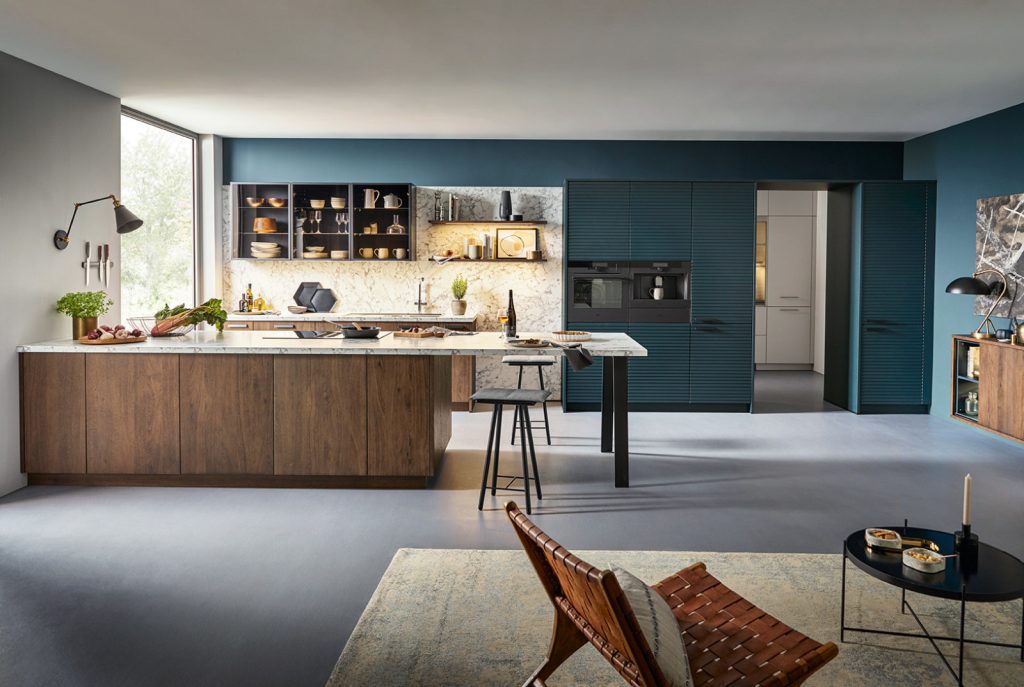 Schuller Vibrant Teal Wood Open Plan Kitchen 1 | Lux Interior, Macclesfield