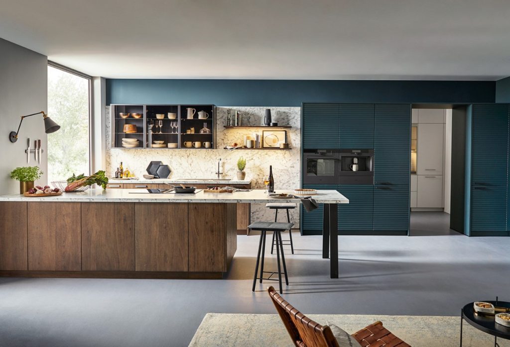 Bespoke Kitchens Macclesfield - Schuller Vibrant Teal Wood Open Plan Kitchen 2 | Lux Interior, Macclesfield