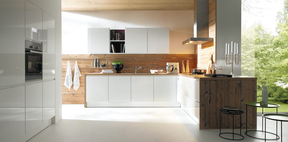 Schuller Alea L091 Crystal White High Gloss With K845 Spruce Chalet Wood Decor | Lux Interior, Macclesfield