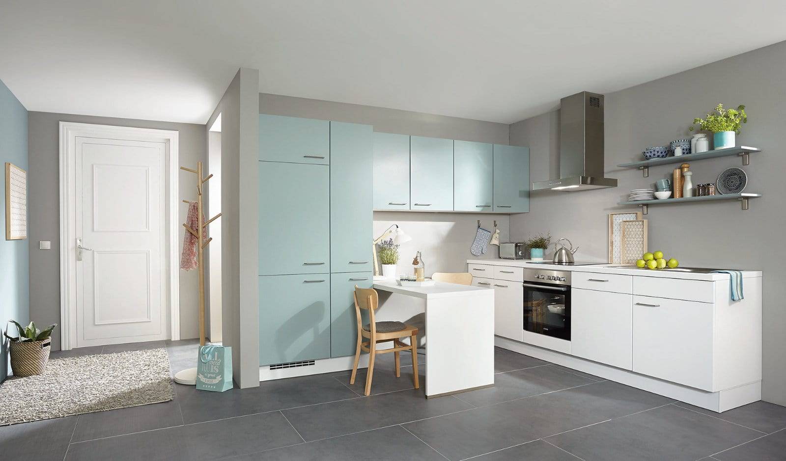 Matt White Blue L Shaped Kitchen 2021 1 | Classique Kitchens, Carlisle