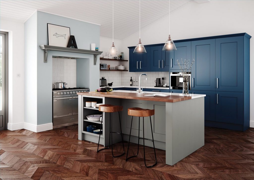 Clonmel Stone And Parisian Blue Shaker L Shaped Kitchen With Island | Colour House Interiors, Caterham