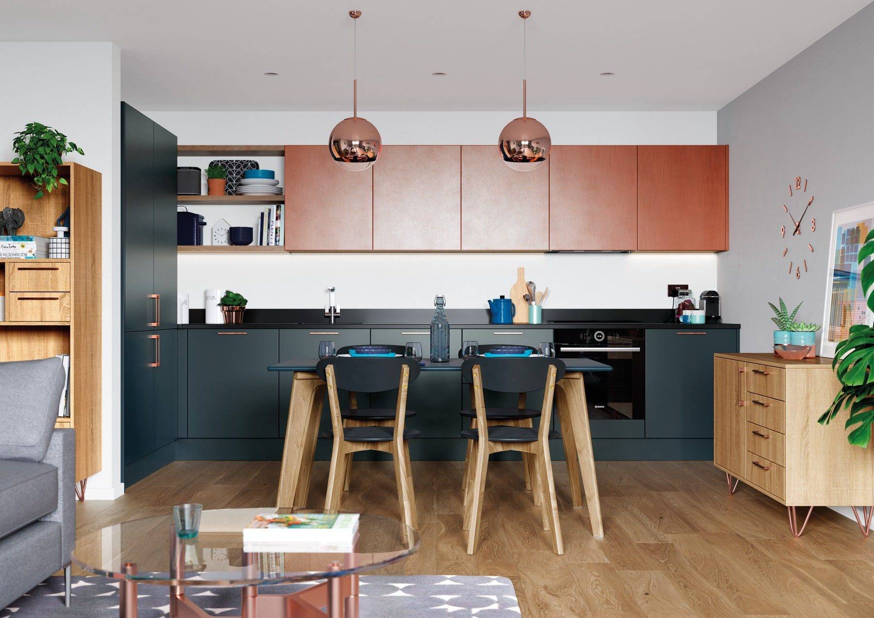 Zola Matte Marine And Ferro Copper With Rezana Light Oak Compact Kitchen | Colourhouse Interiors, Caterham