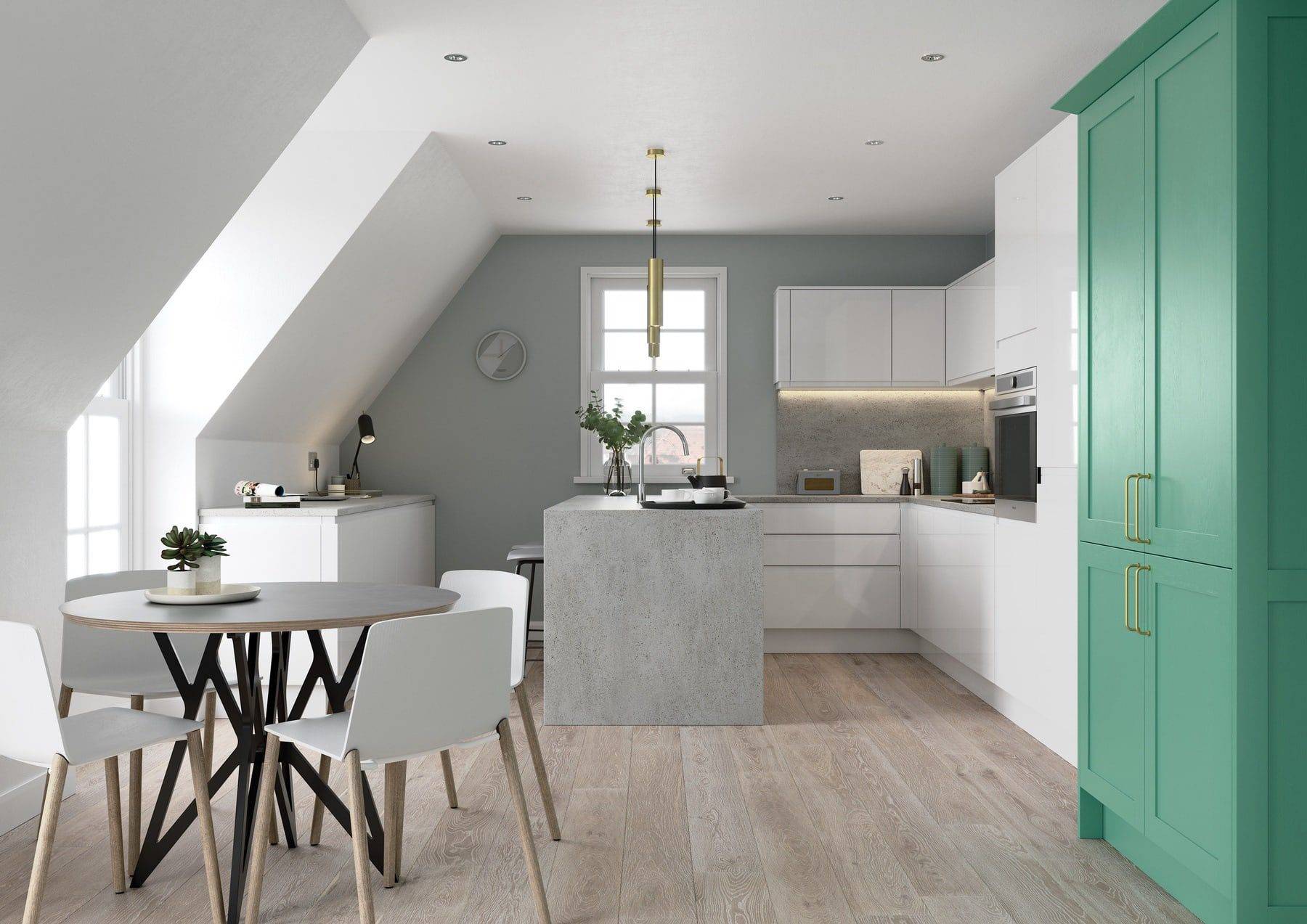Strada Gloss White And Aldana Cms Green Compact Kitchen 1 | Colourhouse Interiors, Caterham
