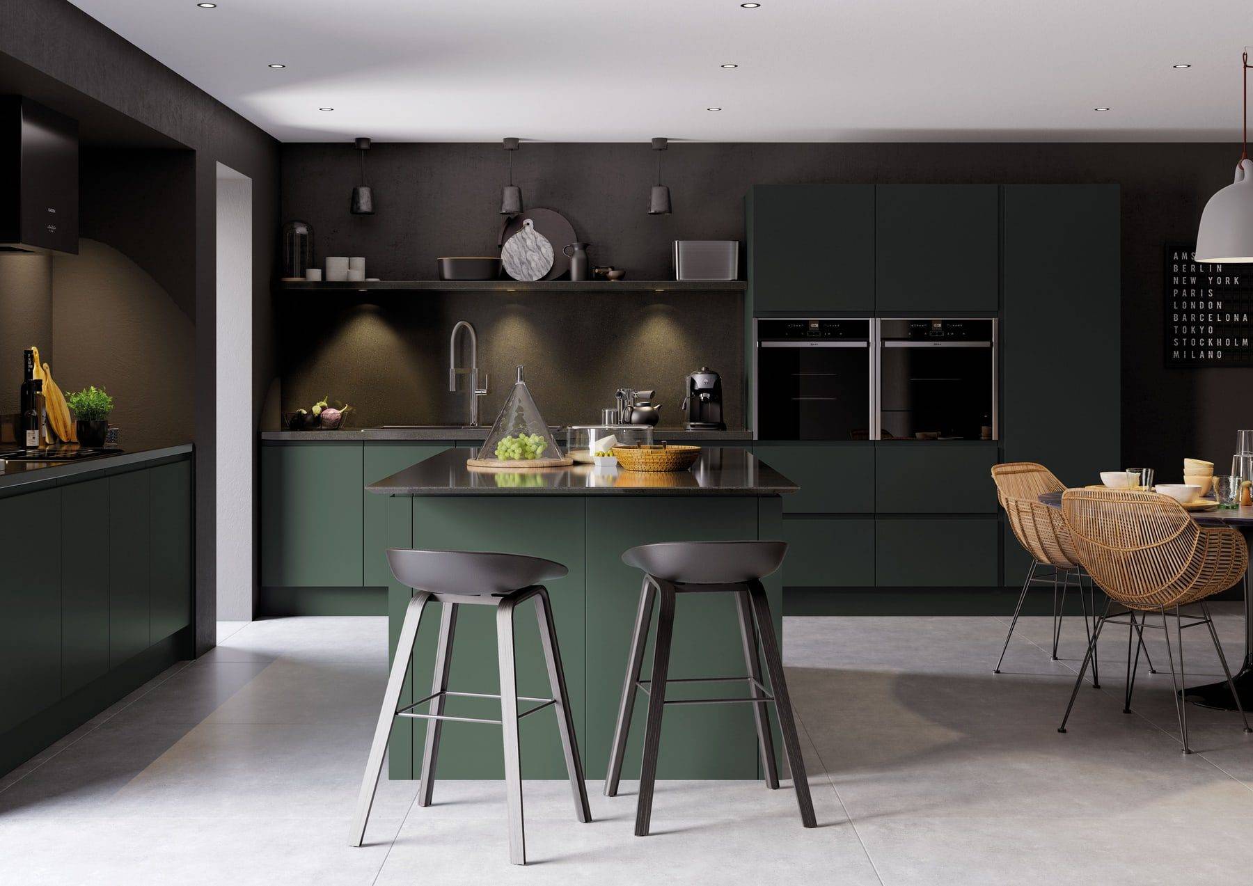 Strada Matte Deep Forest Handleless Open Plan Kitchen 1 | Colourhouse Interiors, Caterham