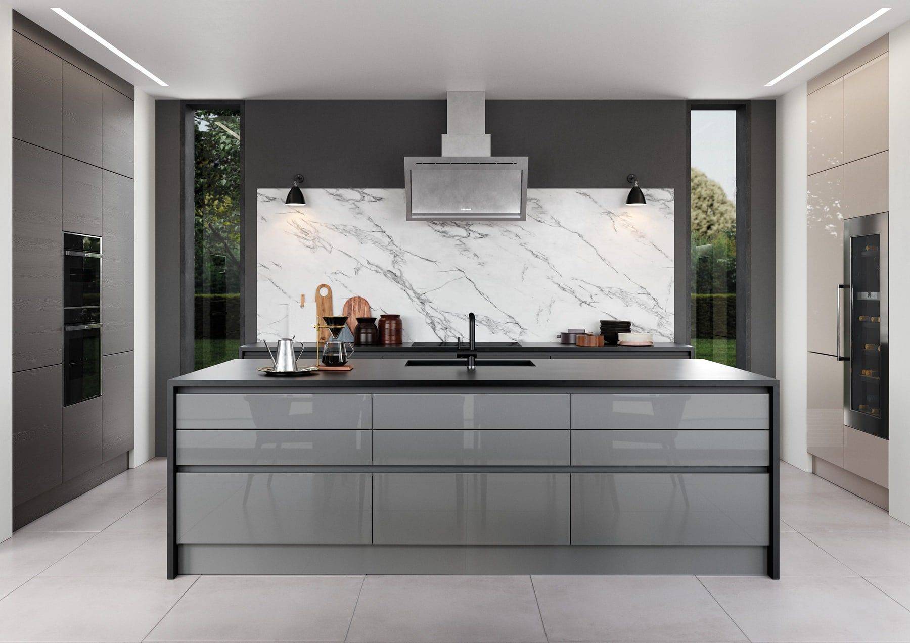 Zola Gloss Dust Grey And Tavola Carbon Kitchen With Island | Colourhouse Interiors, Caterham