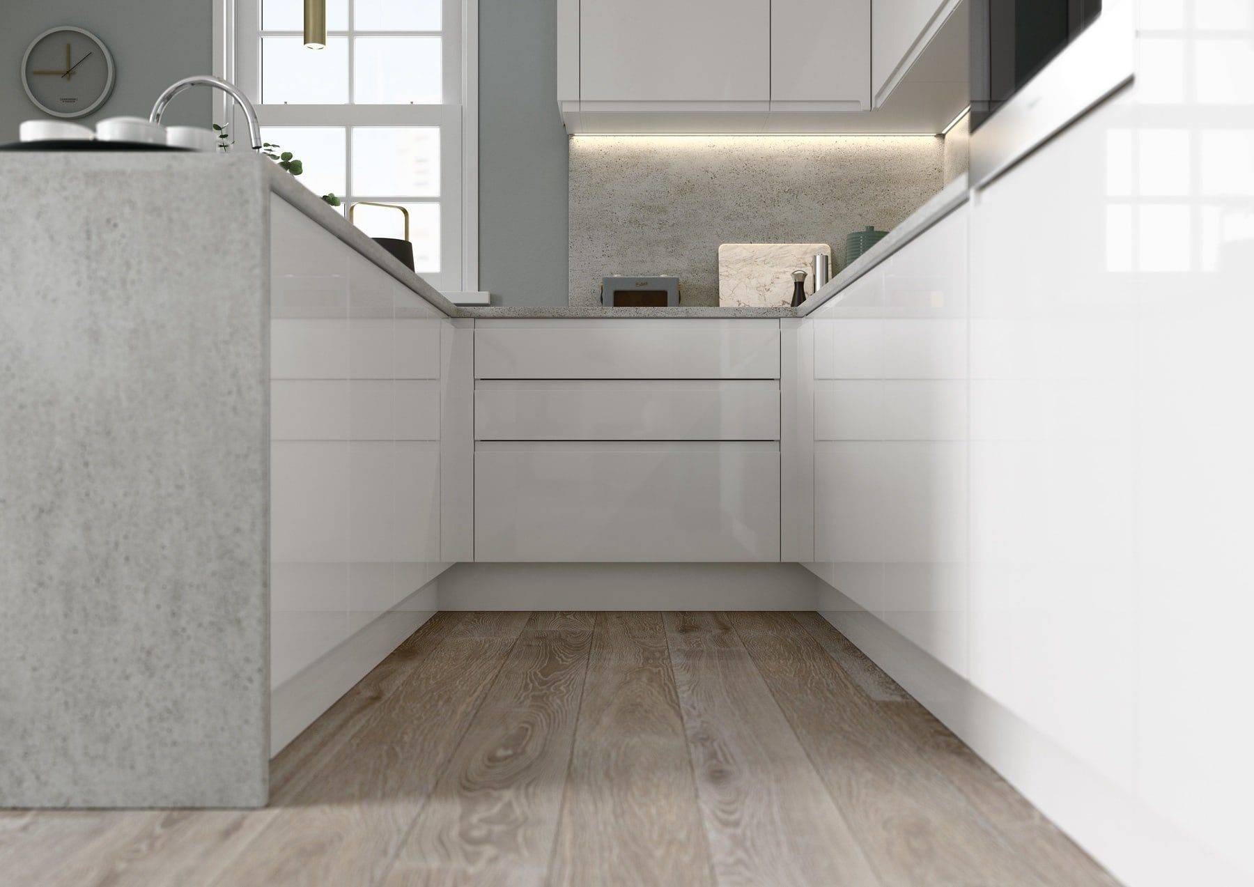 Strada Gloss White And Aldana Compact Handleless Kitchen 1 | Colourhouse Interiors, Caterham